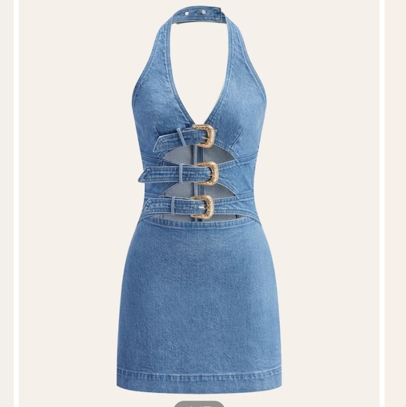 NWT Commense Halter Denim Mini Dress with Buckle Detail Medium Y2k Cult G Gold - Picture 3 of 7